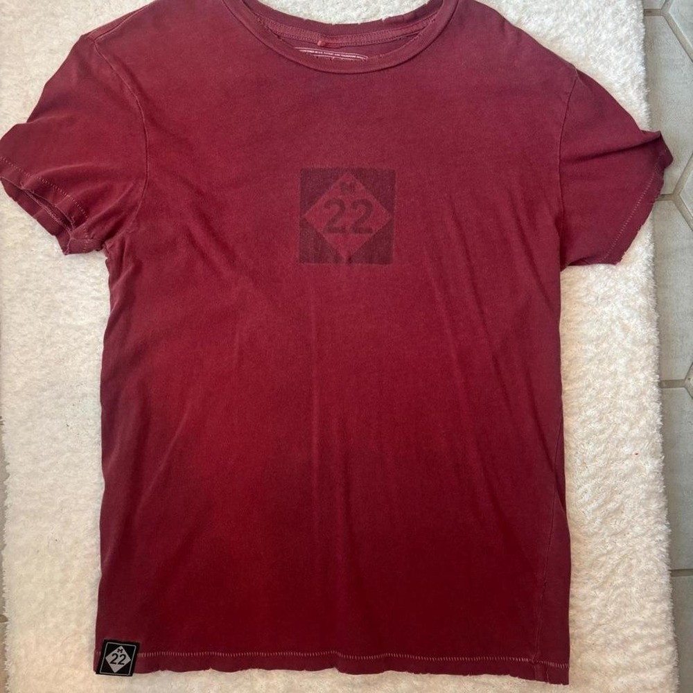 M22 burgundy distressed t-shirt